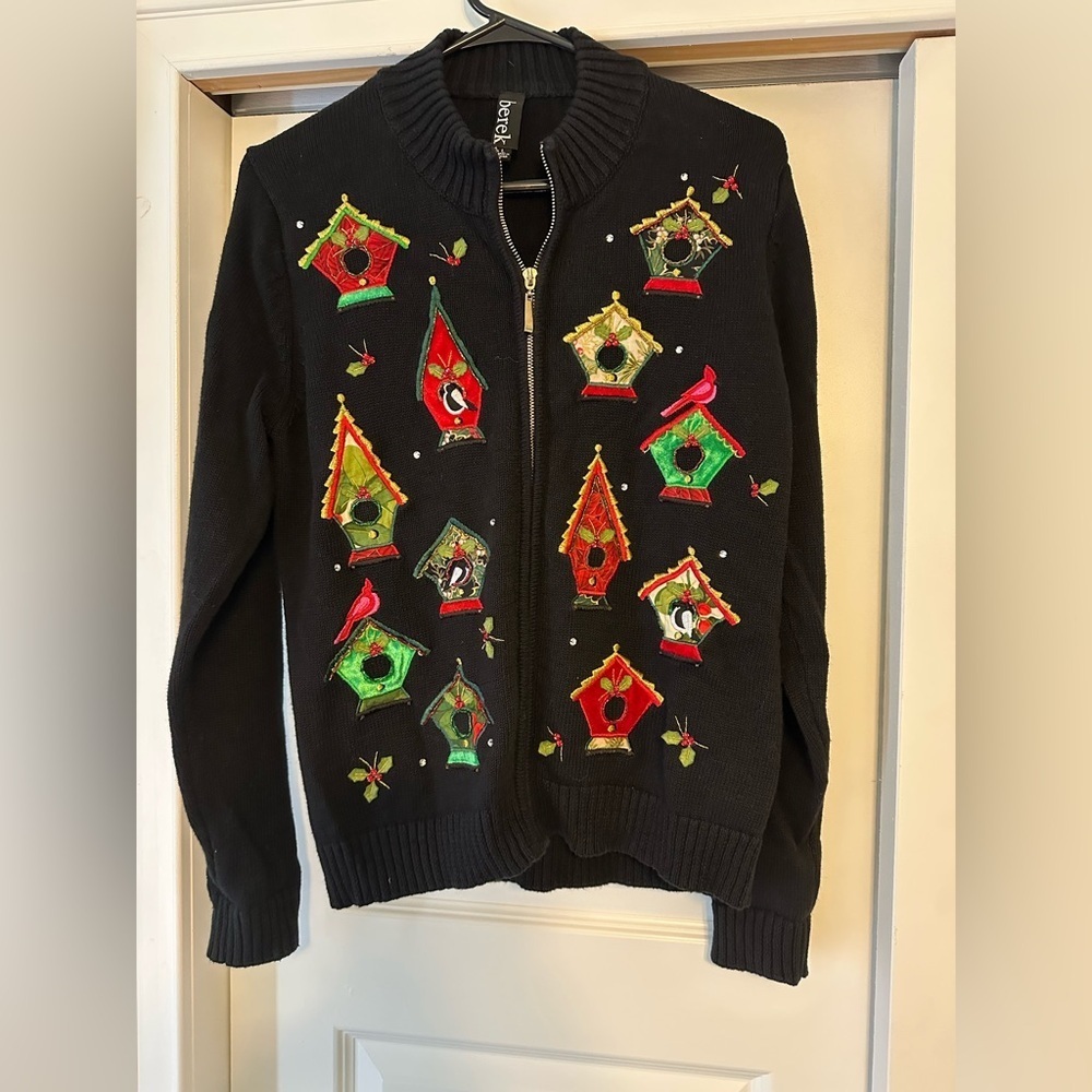 Berek Christmas Sweater Women’s L Birds Beaded Embroidered Holiday Zip Birdhouse
